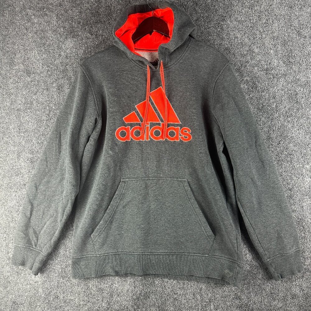 Adidas Hoodie Mens Medium Gray Orange Logo Kangaroo Pocket Hood Tie Pullover